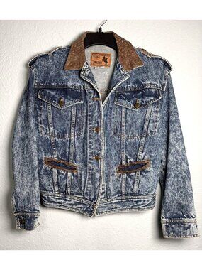 VTG Prezzia Acid Wash Denim Jacket Womens S Cropped 80s Western Leather Collar